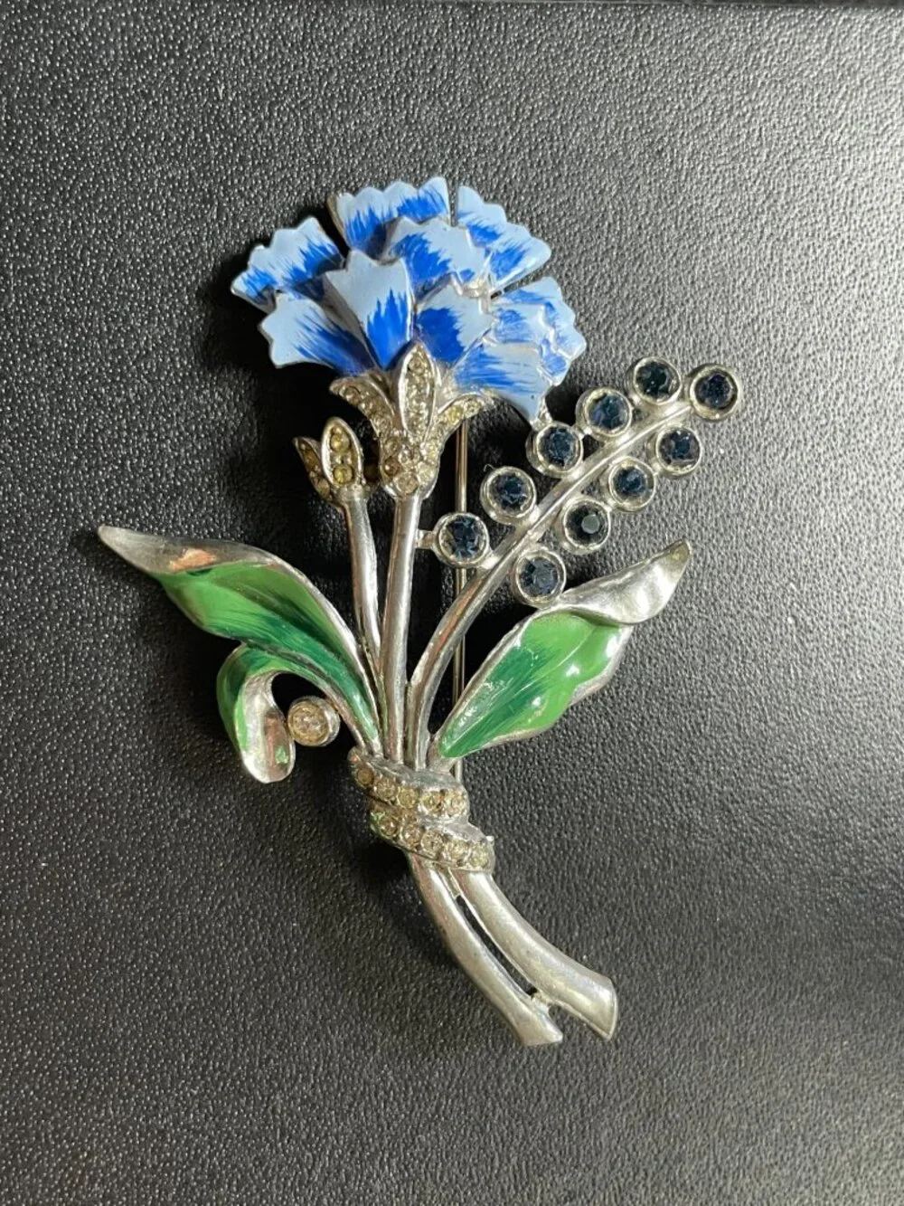 Vintage 1940s Rhodium Plated Blue Carnation Enamel Bouquet Rhinestone Brooch